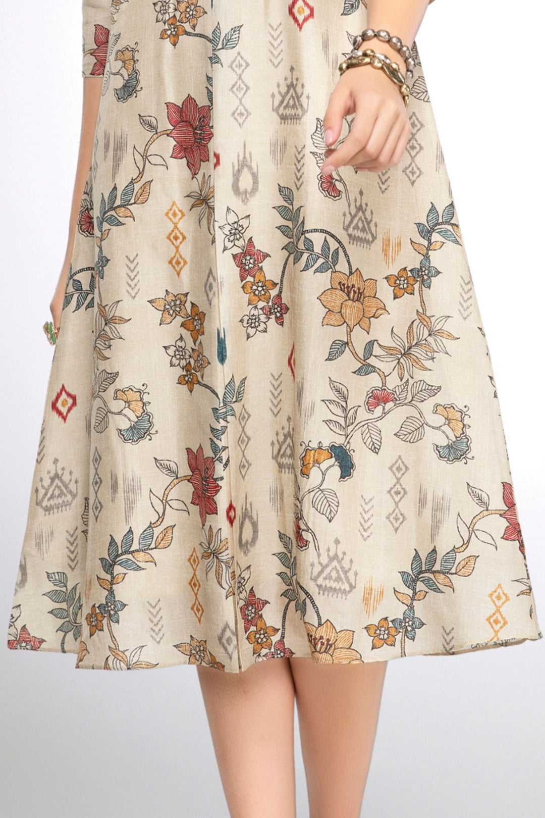 Beige Zari, Zardozi, Beads and Sequins work with Floral Print A-line Cut Calf Length Kurti
