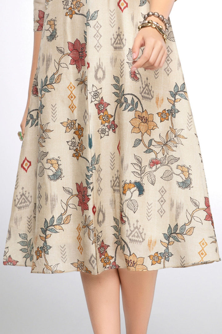 Beige Zari, Zardozi, Beads and Sequins work with Floral Print A-line Cut Calf Length Kurti