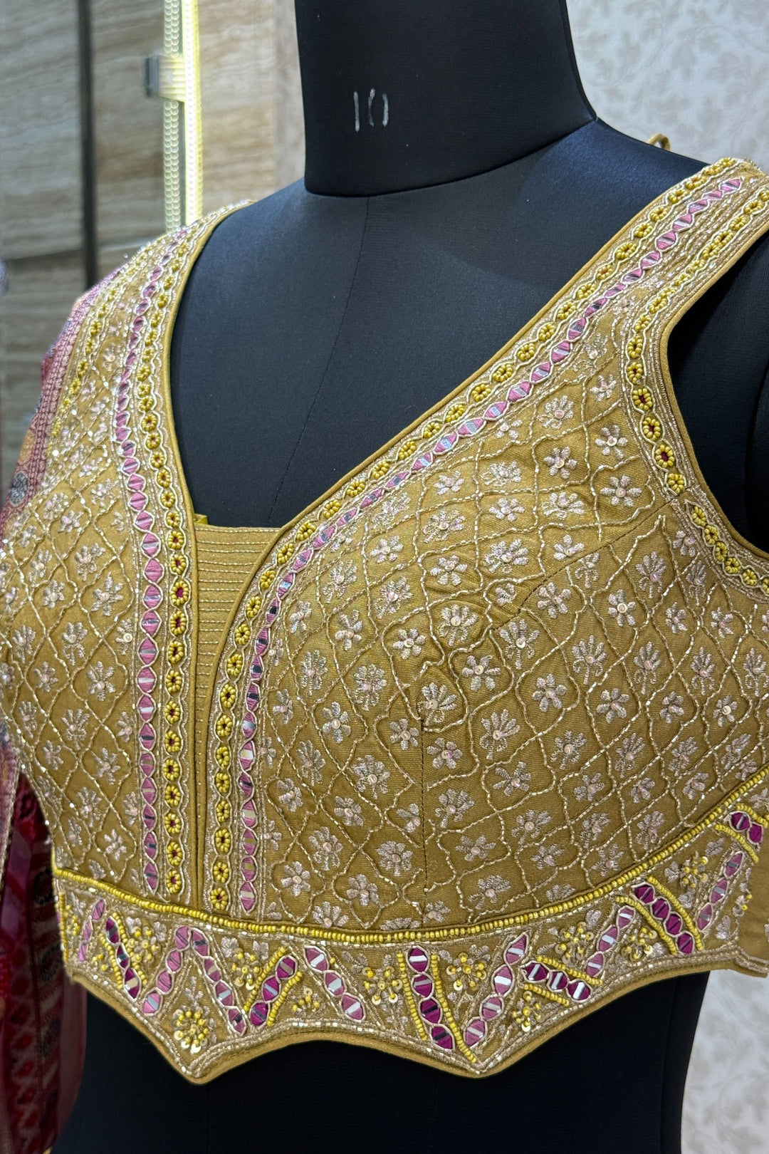 Olive Green Mirror, Beads, Zardozi and Sequins work Crop Top Lehenga