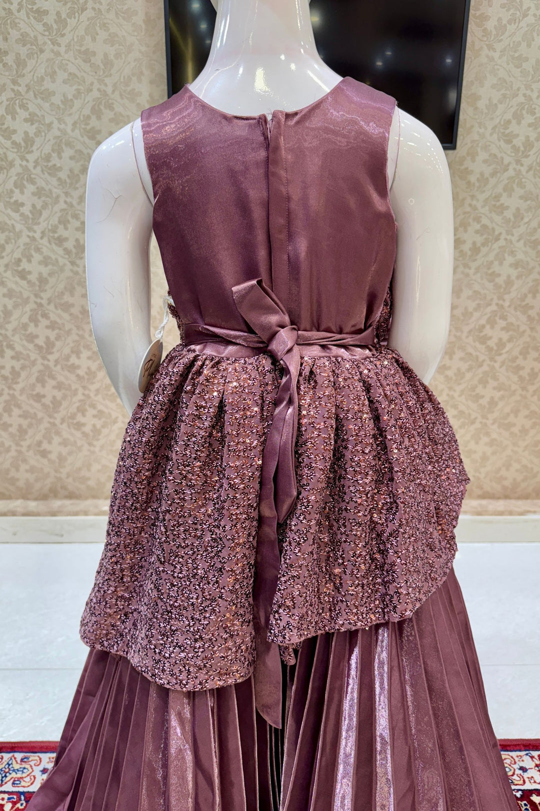 Wine Sequins and Thread work Long Party Frock for Girls