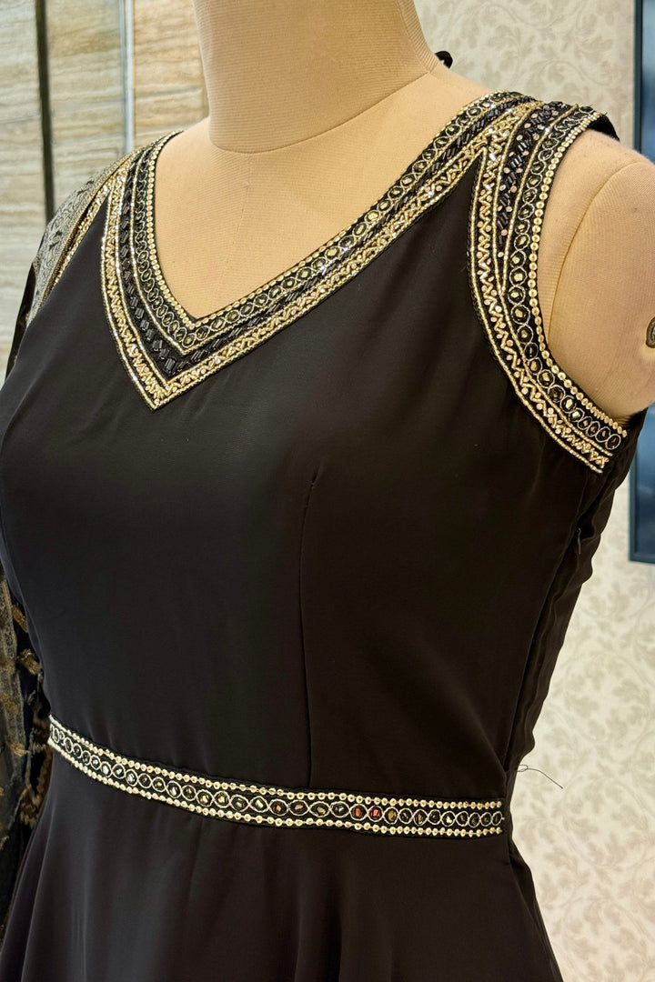 Black Beads and Sequins work Anarkali Gown with Traditional Banaras work Dupatta
