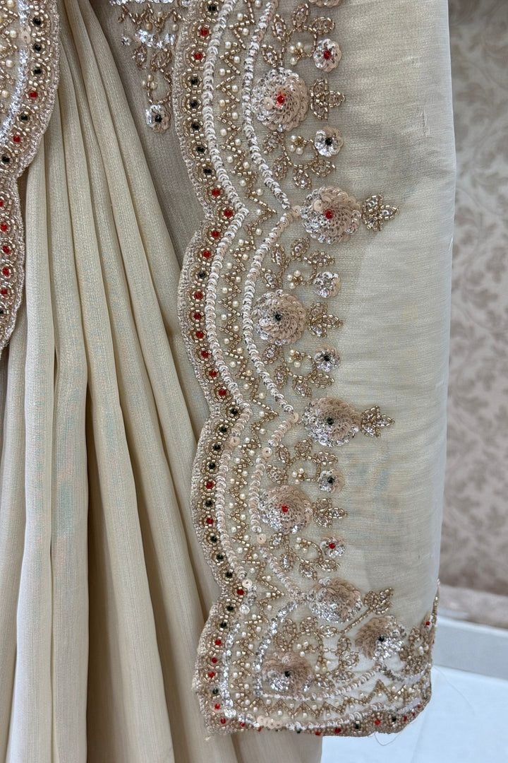 Beige Saree with Intricate Pearl, Sequins and Beads work