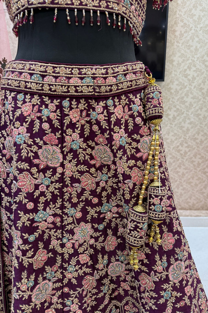 Designer Bridal Wine Lehenga with Rich Multicolor Embroidery, Stone and Beads Work