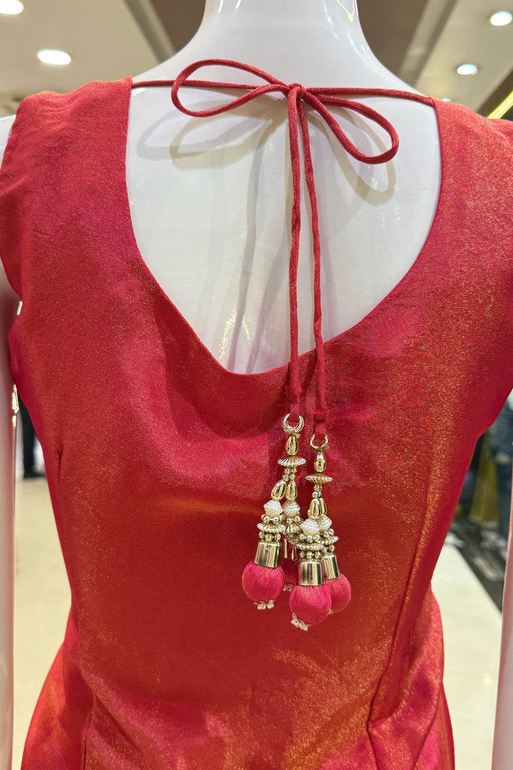 Tomato Red Beads, Sequins, Zari and Mirror work Palazzo Salwar Suit