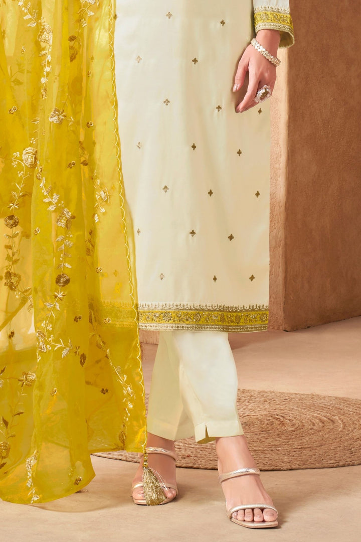 Half White Beads, Zari and Sequins work Straight Cut Salwar Suit