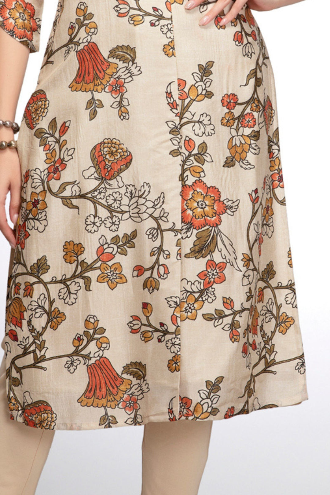 Beige Stone work with Floral Print A-line Cut Calf Length Kurti