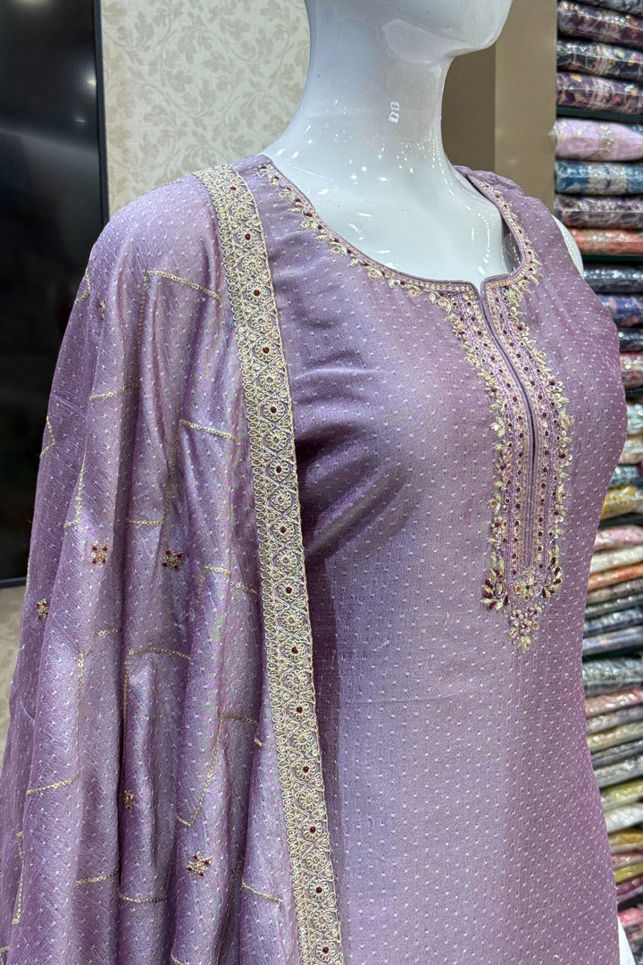 Lilac Mirror, Sequins, Zardozi and Beads work Straight Cut Salwar Suit