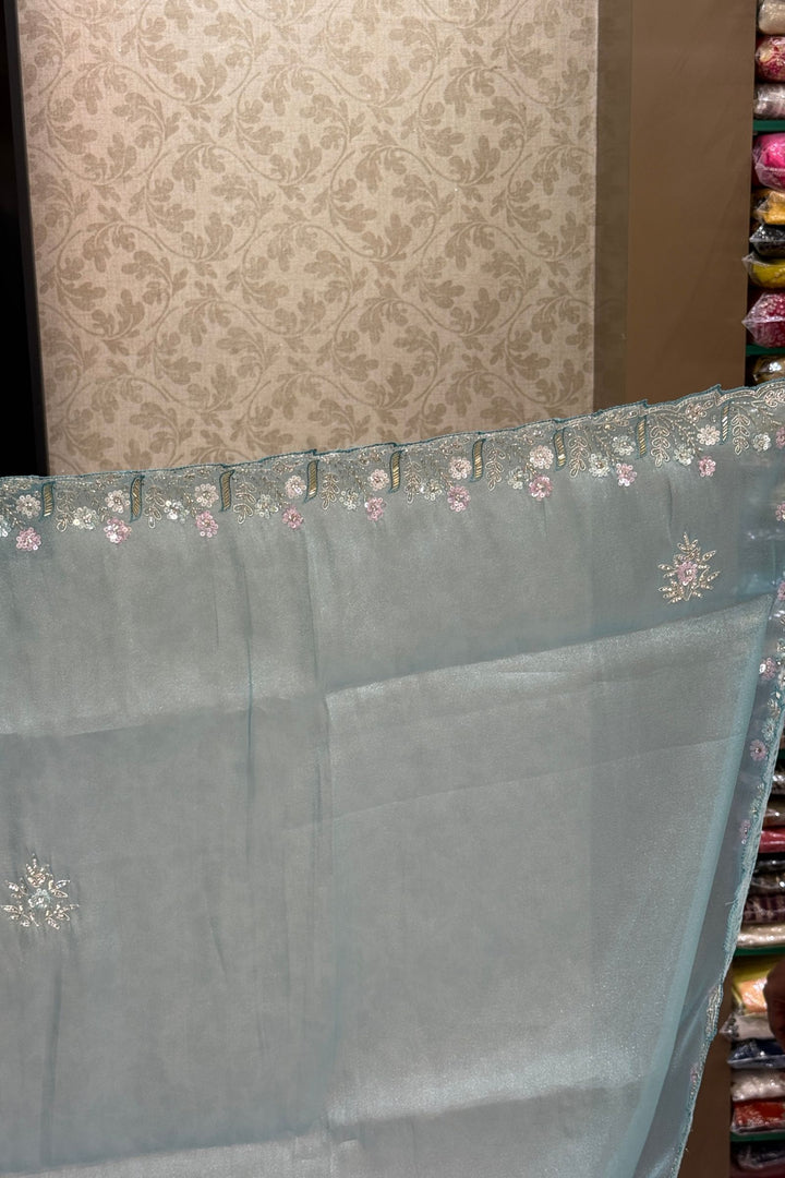 Sky Blue Stone, Sequins, Zardozi and Beads work Saree