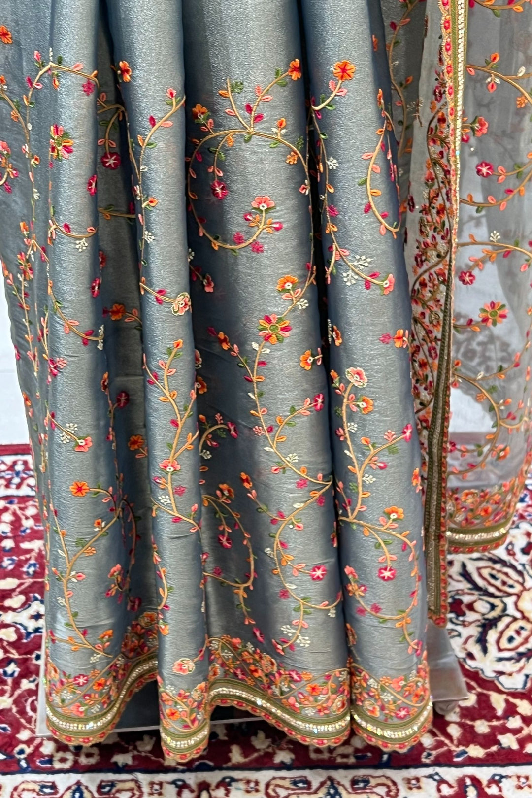 Grey Multicolor Embroidery, Sequins and Stone work Saree