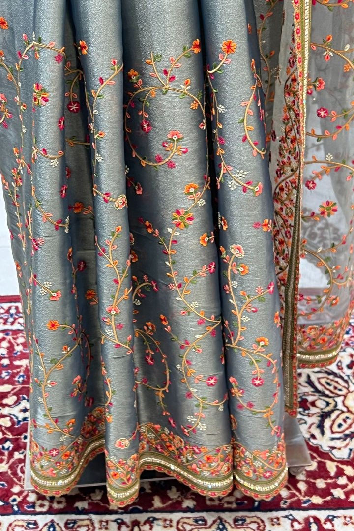 Grey Multicolor Embroidery, Sequins and Stone work Saree