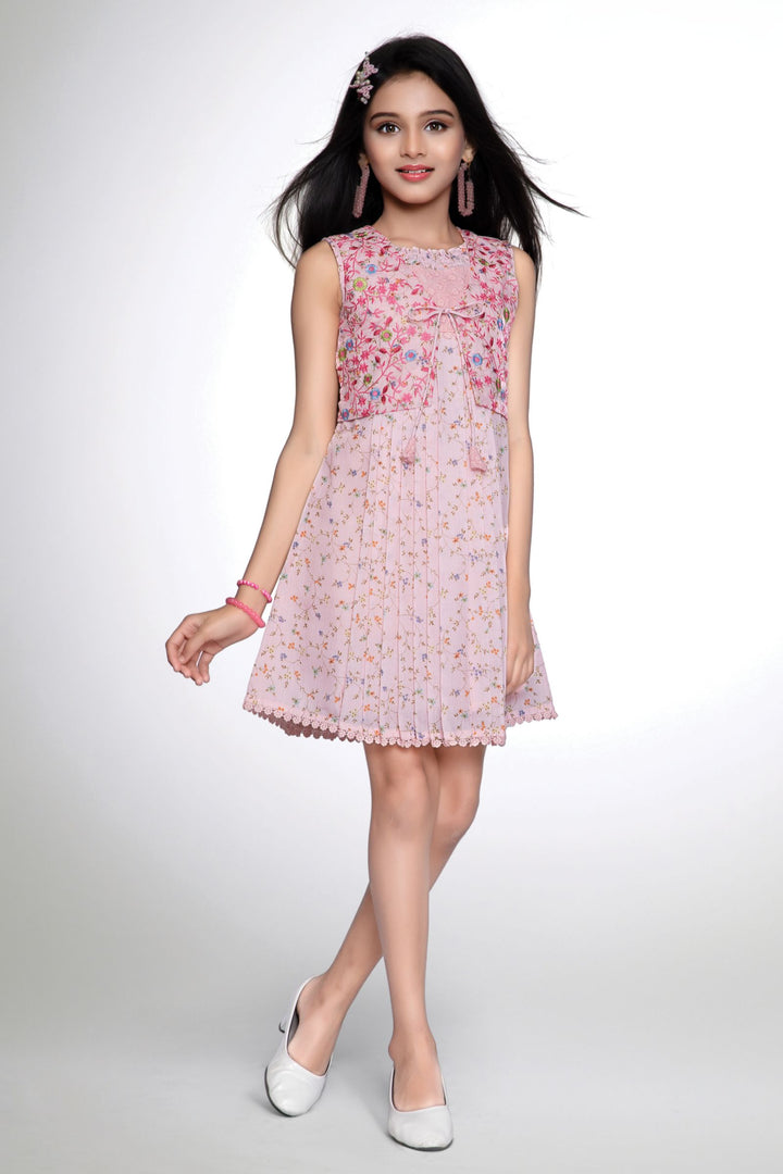 Peach Digital Print and Embroidery work Casual Frock for Girls