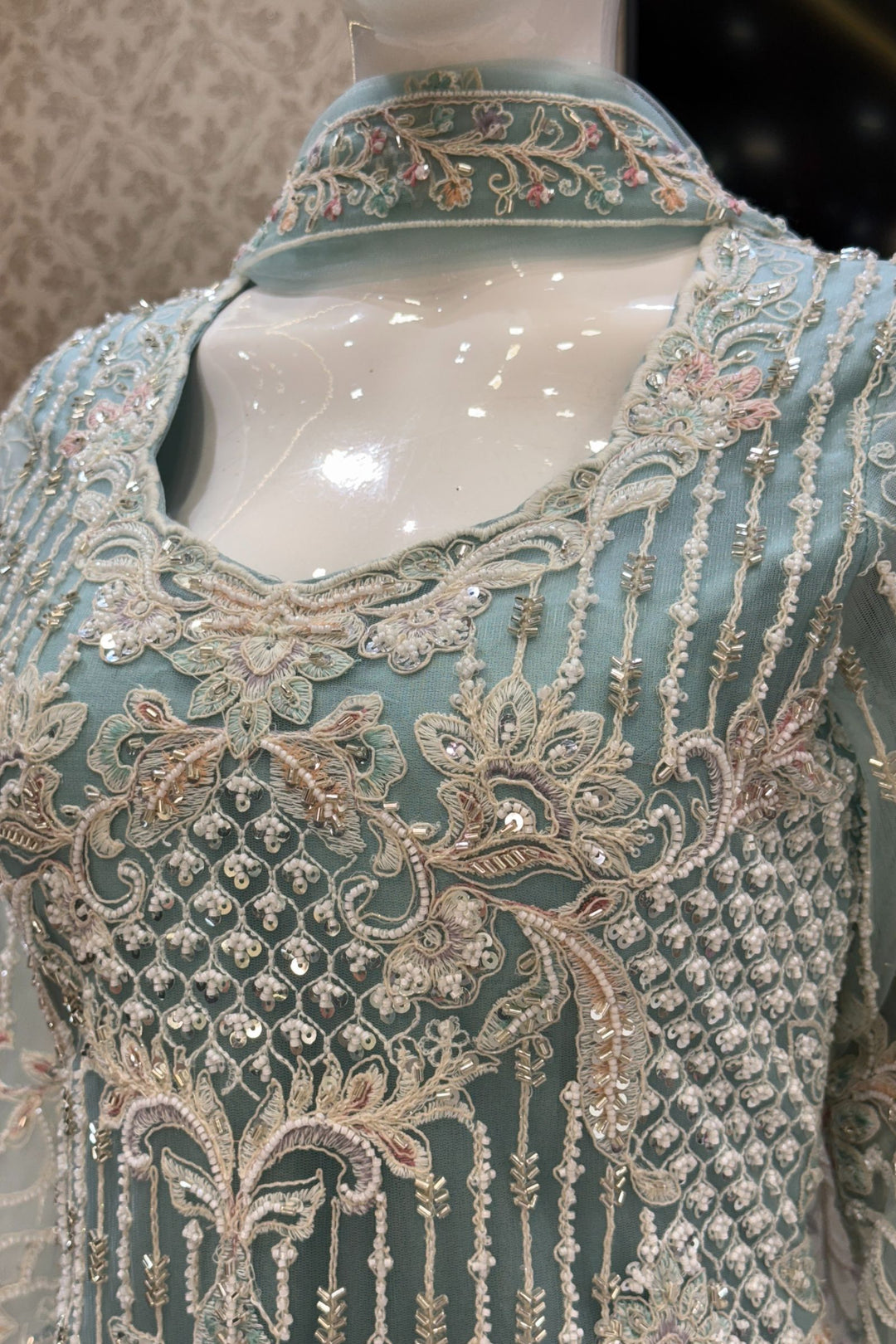 Sea Green Beads, Multicolor Embroidery and Sequins work Palazzo Suit Set