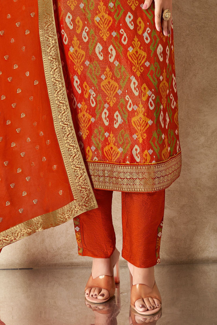 Orange Zardozi, Beads and Banaras Butta work with Ikat Print Straight Cut Salwar Suit