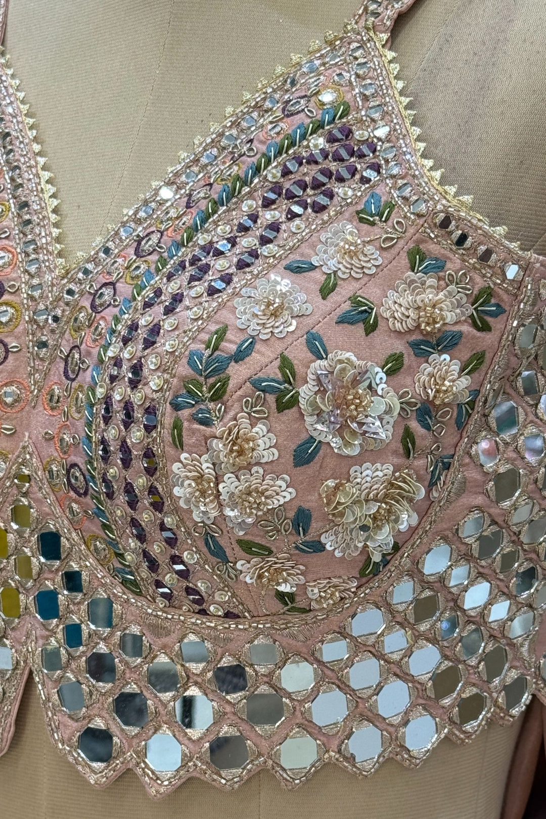 Light Peach Mirror, Sequins, Embroidery, Zardozi and Beads work Crop Top Lehenga
