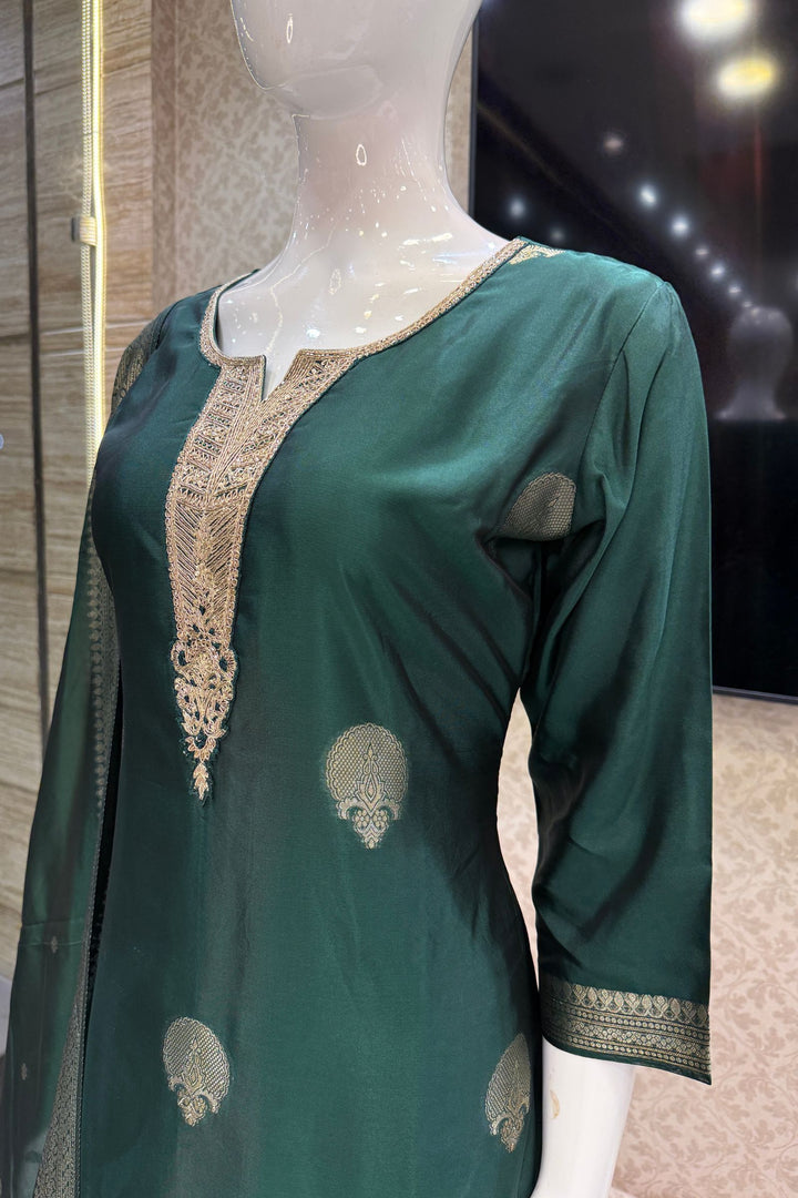 Bottle Green Banaras, Zardozi, Sequins, Beads and Zari work Straight Cut Salwar Suit