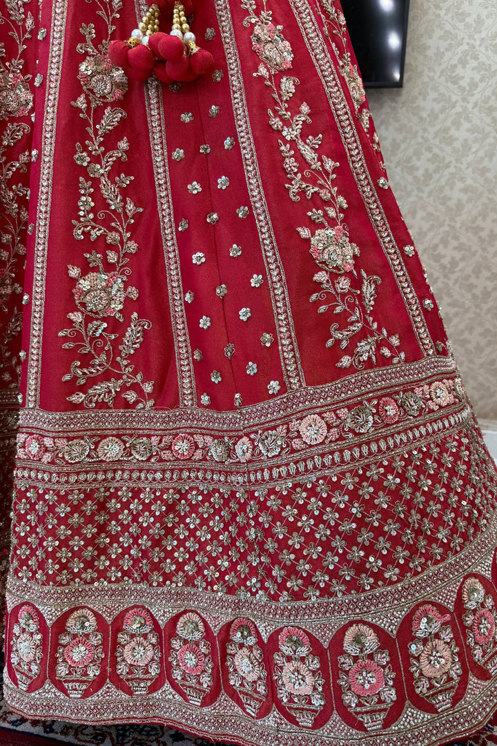 Coral Red Handworked Zardozi, Sequins, Pearl and Beads work Crop Top Designer Bridal Lehenga