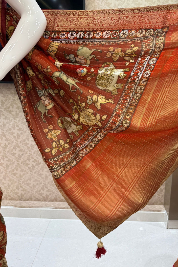 Rust Orange Saree with Traditional Kalamkari Prints and Banaras Zari Border