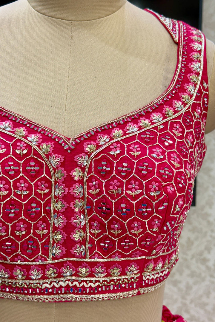 Rani Pink Mirror, Stone, Zardozi and Sequins work with Bandini Print Crop Top Lehenga