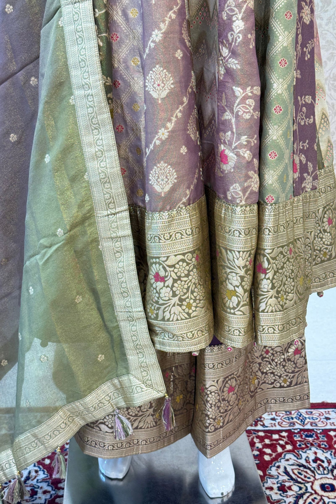 Multicolour Banarasi Anarkali Palazzo Set with Zari Dupatta
