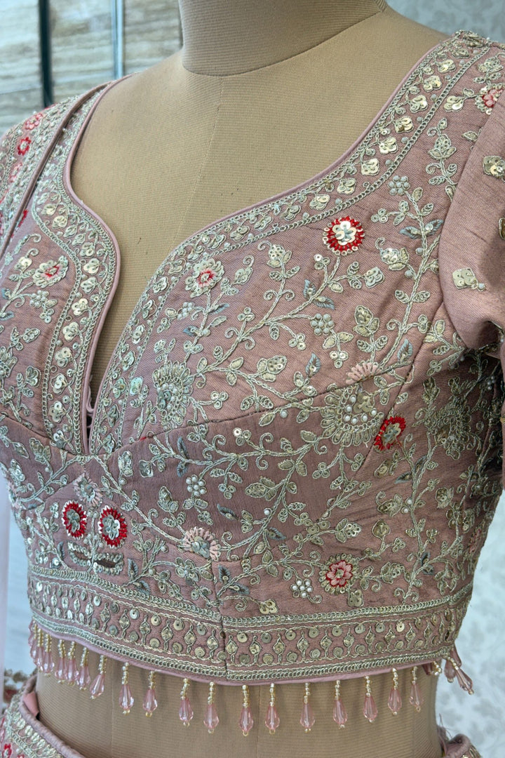 Cream and Blush Pink Bridal Lehenga with Intricate Sequins, Zari, Pearl, Beads and Stone