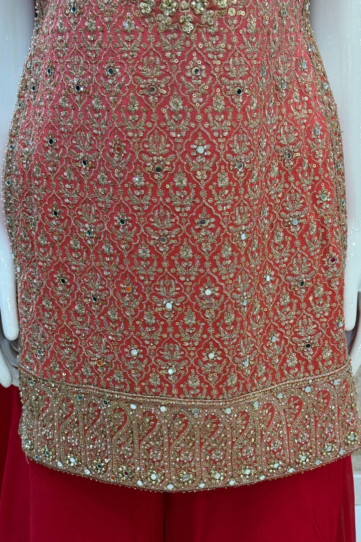 Peach with Pink Mirror, Zari, Sequins and Beads work Palazzo Salwar Suit