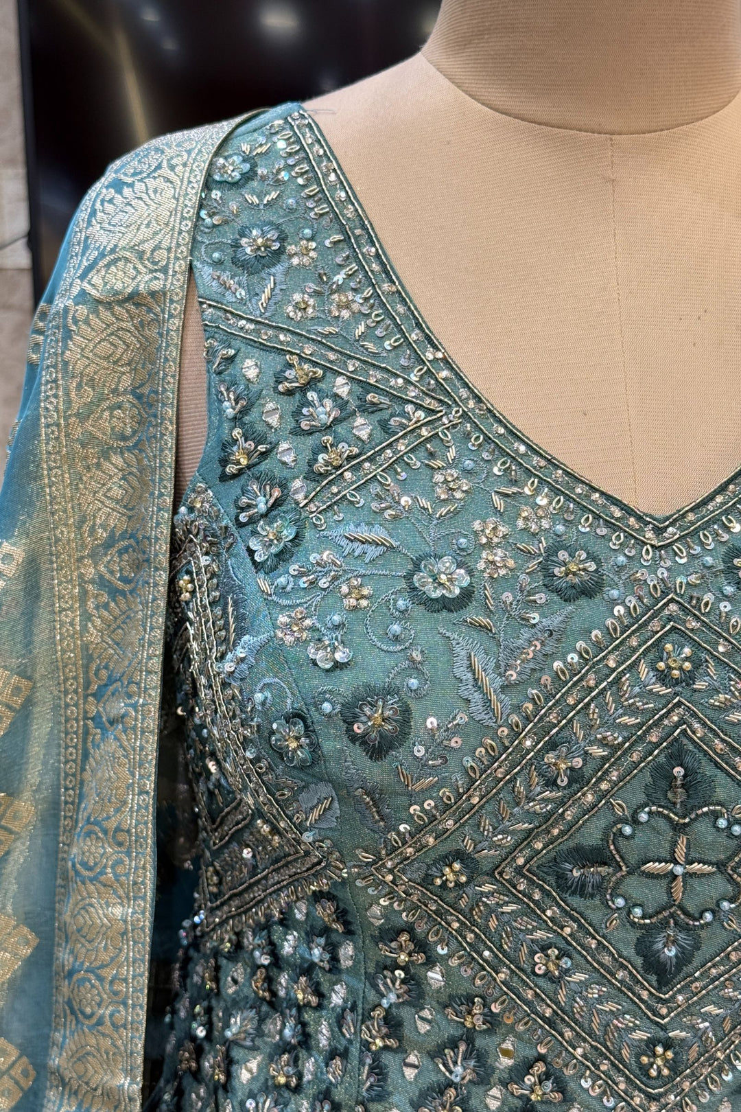 Teal Green Mirror, Zardozi, Sequins, Beads, Stone and Banaras work Peplum Style Lehenga
