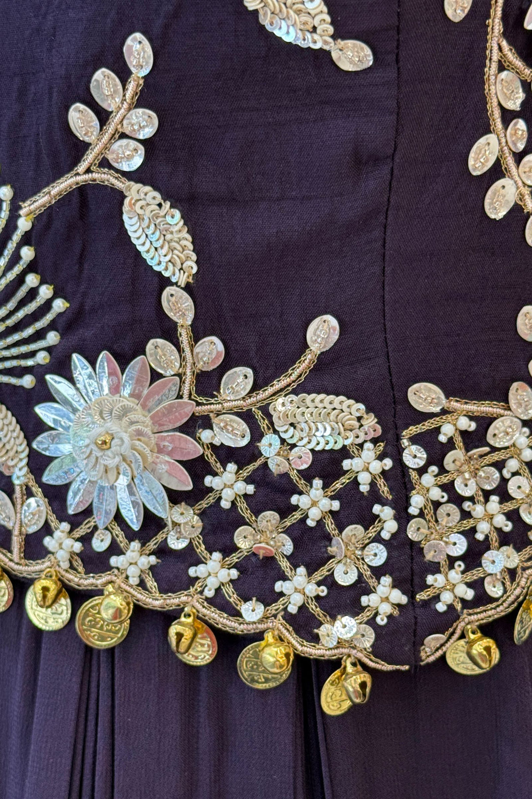 Wine Beads and Zari work Halter Neck Floor Length Anarkali Suit