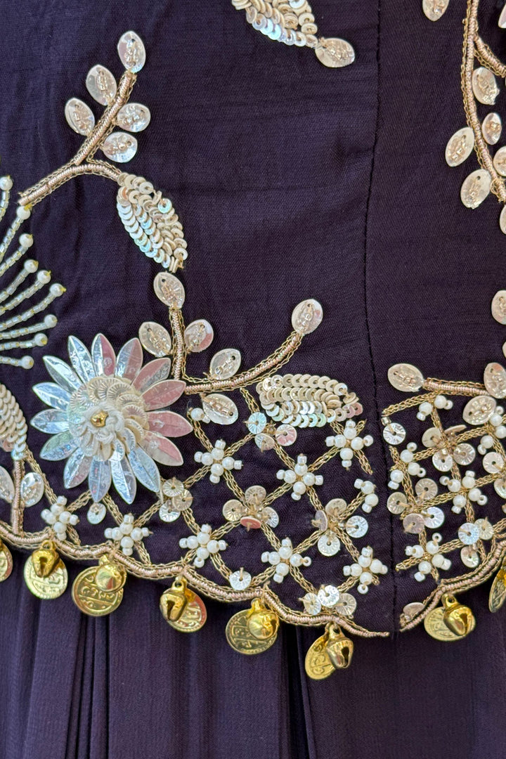 Wine Beads and Zari work Halter Neck Floor Length Anarkali Suit