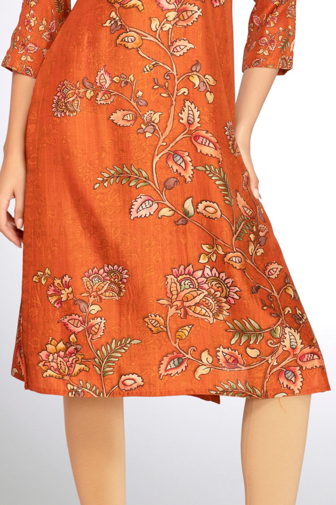 Orange Embroidery, Mirror and Zari work with Floral Print Calf Length Kurti