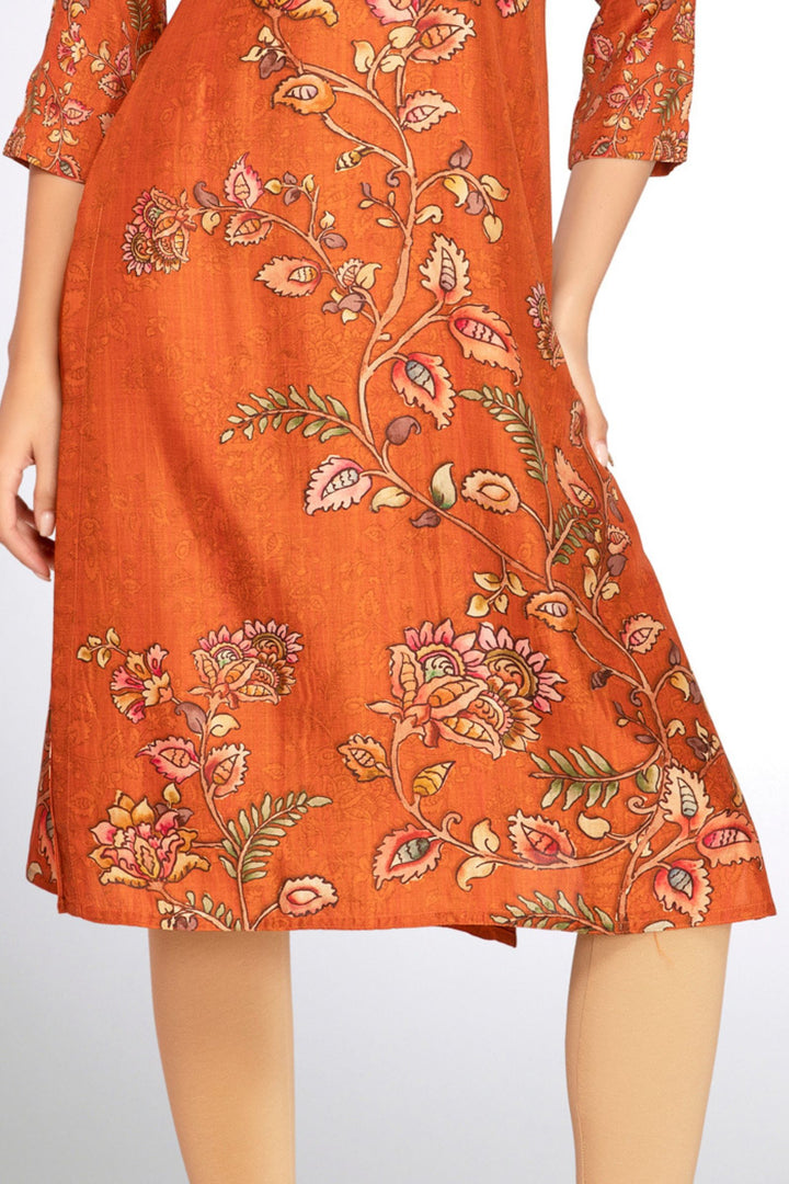 Orange Embroidery, Mirror and Zari work with Floral Print Calf Length Kurti