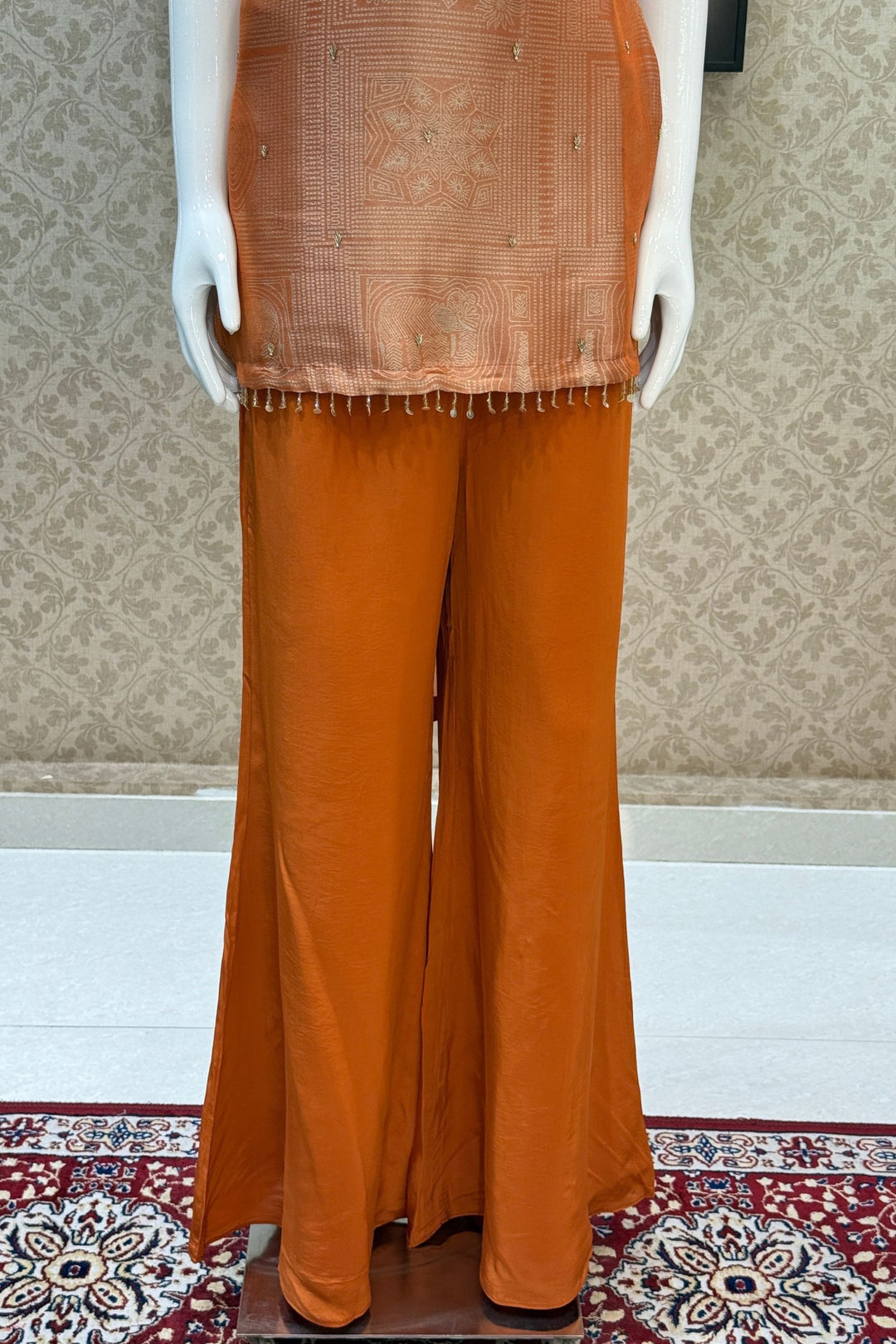 Orange Zardozi, Stone, Sequins, Beads and Thread work Palazzo Salwar Suit