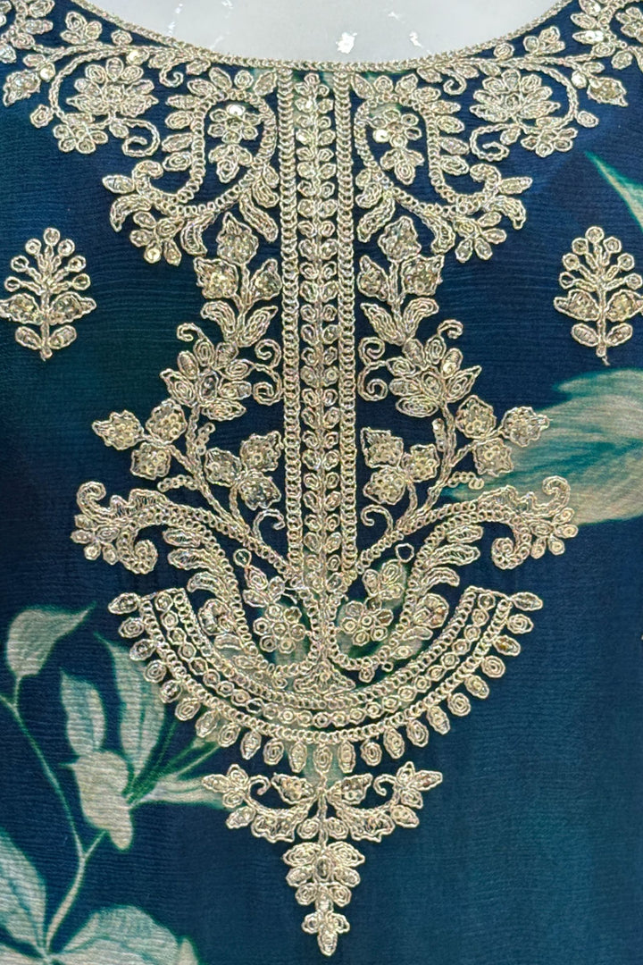 Peacock Blue Sequins and Zari work with Floral Print Sharara Salwar Suit