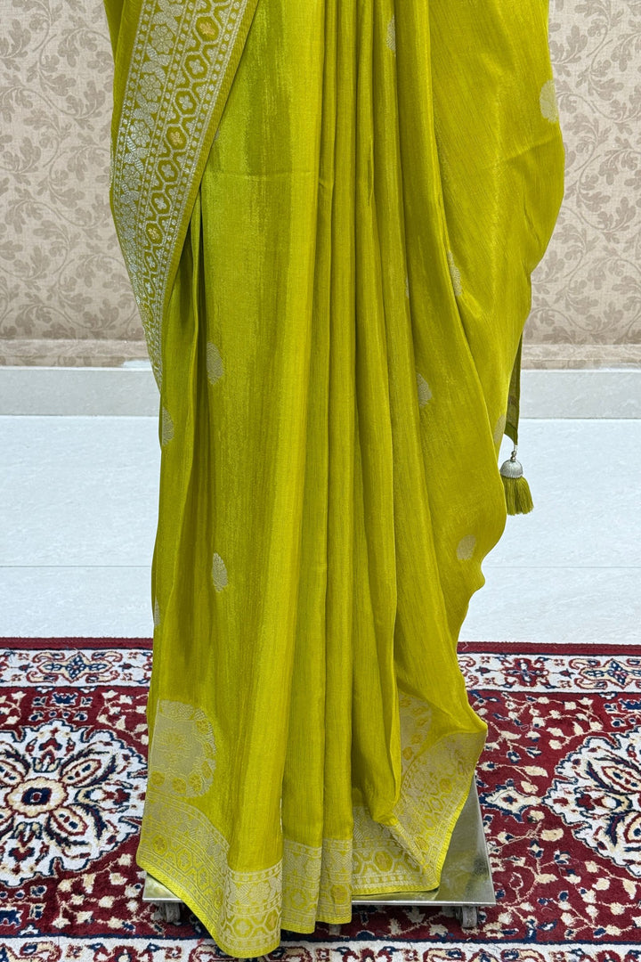 Green Banaras Zari work Saree with Zari and Sequins work Readymade Blouse