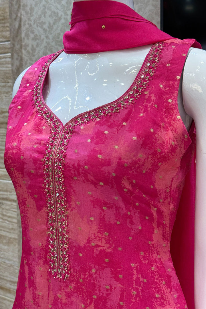 Rani Pink Zardozi, Mirror, Stone, Zari and Banaras Butta work Straight Cut Salwar Suit