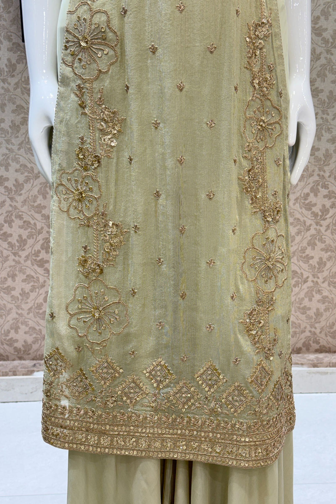 Pista Green Zari and Sequins work High Slit Palazzo Set