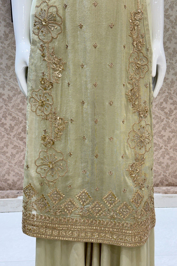 Pista Green Zari and Sequins work High Slit Palazzo Set