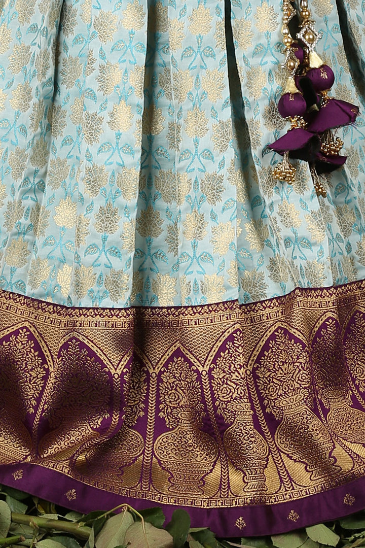 Purple with Light Blue Banaras, Mirror, Stone and Thread work Lehenga Choli for Girls