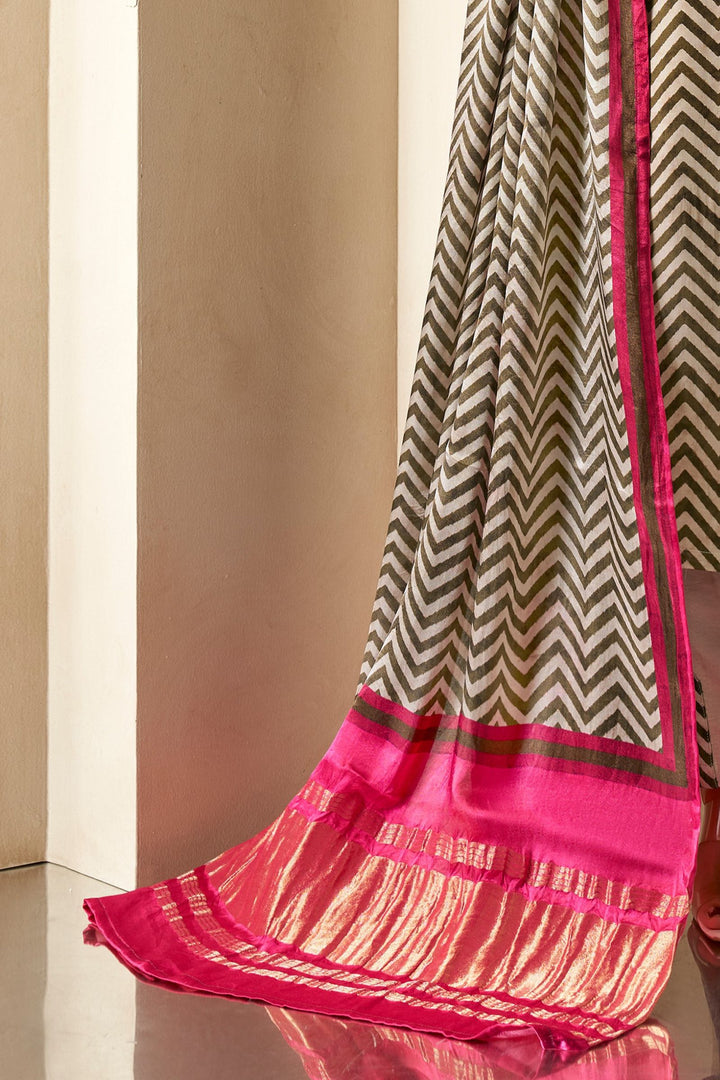 Beige with Brown Zig Zag Print, Beads, Sequins and Zardozi work Straight Cut Salwar Suit