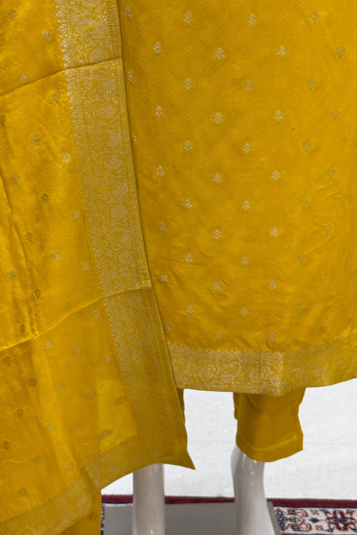 Yellow Banaras work V-Neck Straight Cut Salwar Suit