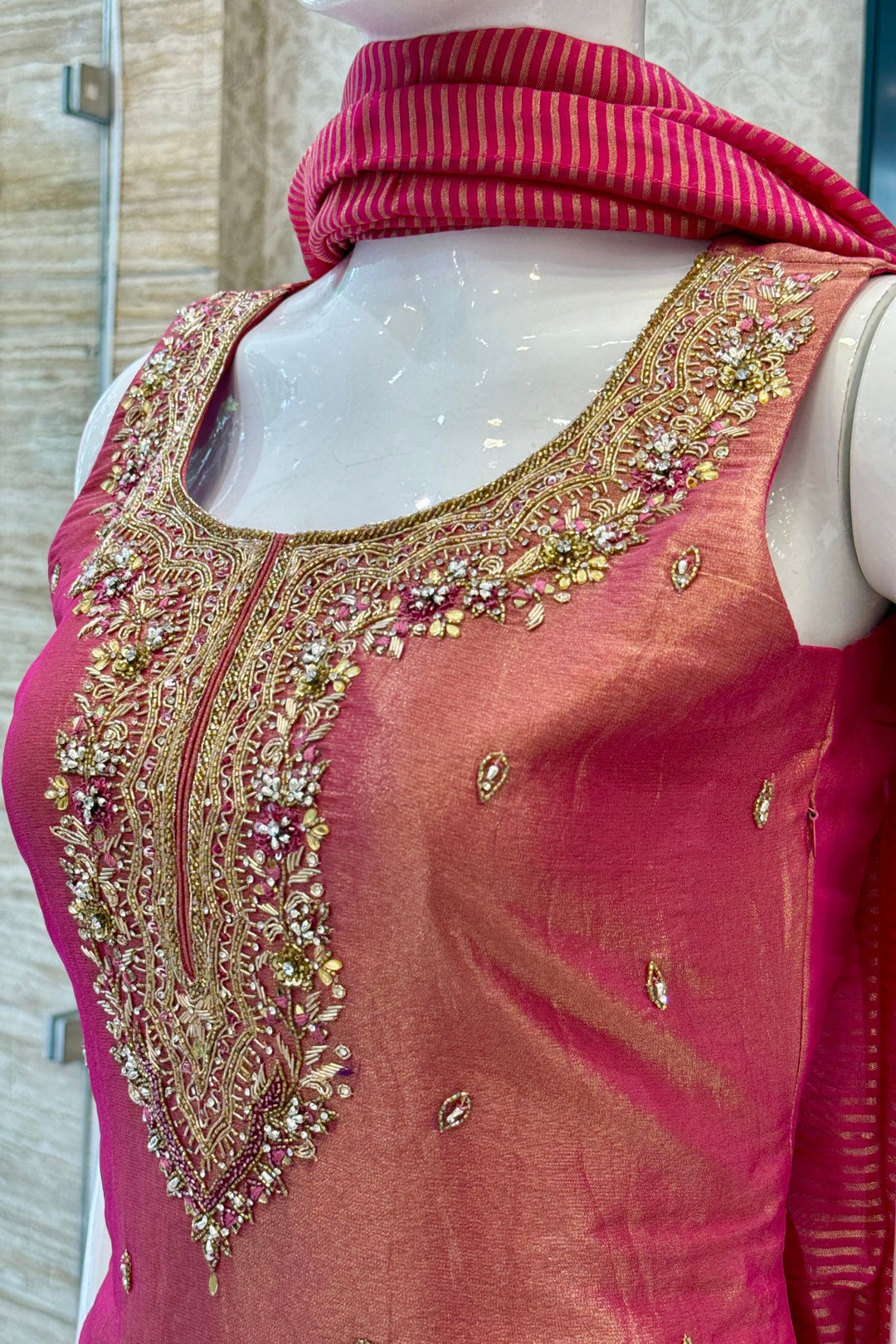 Rani Pink Palazzo Salwar Suit with Zardozi, Mirror and Beads Detailing