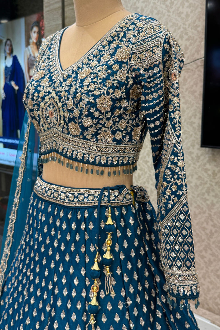 Designer Wedding Lehenga in Peacock Blue with Beads, Zari and Sequins Work