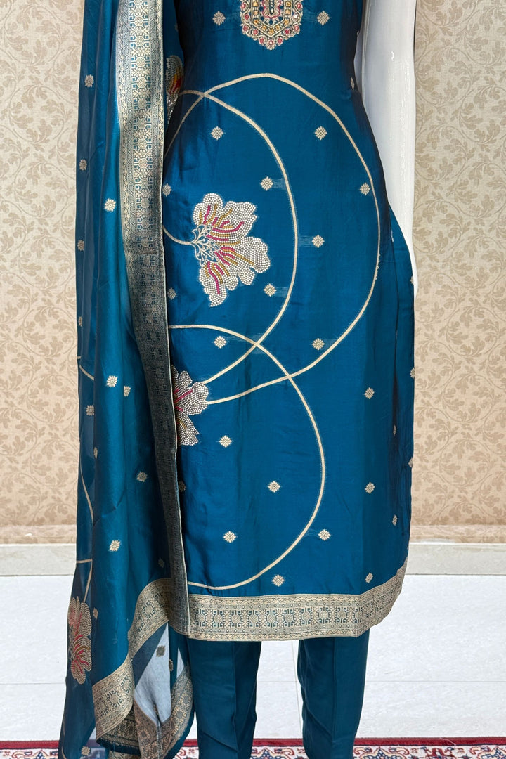 Peacock Blue Banaras, Beads and Sequins work Straight Cut Salwar Suit