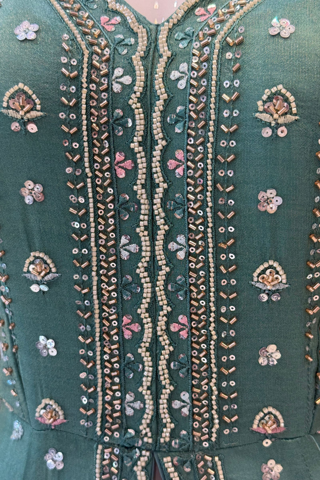 Sea Green Beads, Sequins and Thread work Long Top with Straight Pant