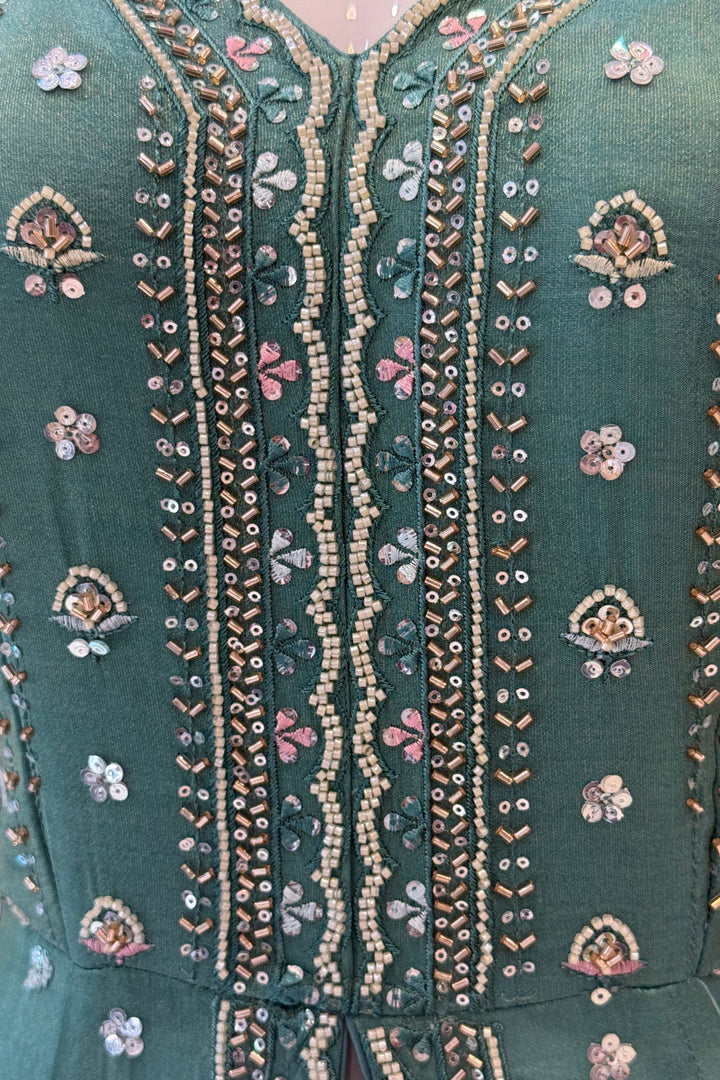 Sea Green Beads, Sequins and Thread work Long Top with Straight Pant