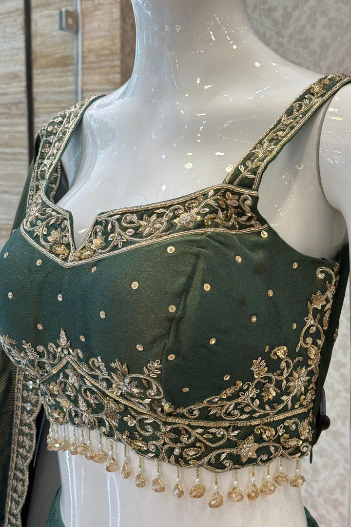 Bottle Green Zari, Zardozi, Stone, Beads and Sequins work Lehenga