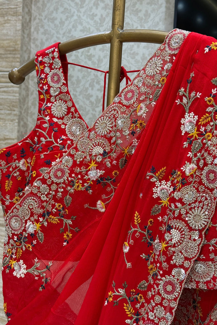 Red Saree with Multicolor Embroidery, Zari and Sequins Embellishments