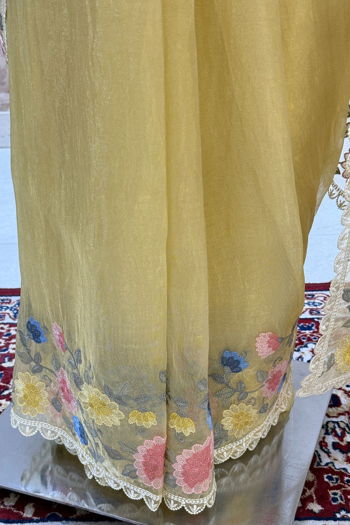 Yellow Multicolor Embroidery work Saree