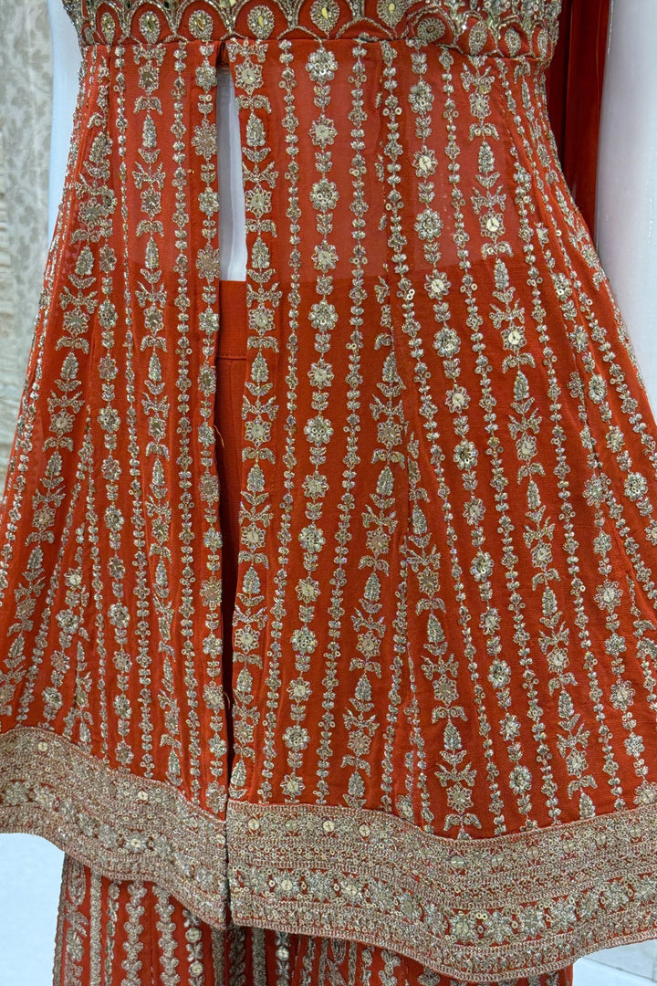 Orange Sequins, Zari, Mirror, Stone and Beads work Palazzo Salwar Suit