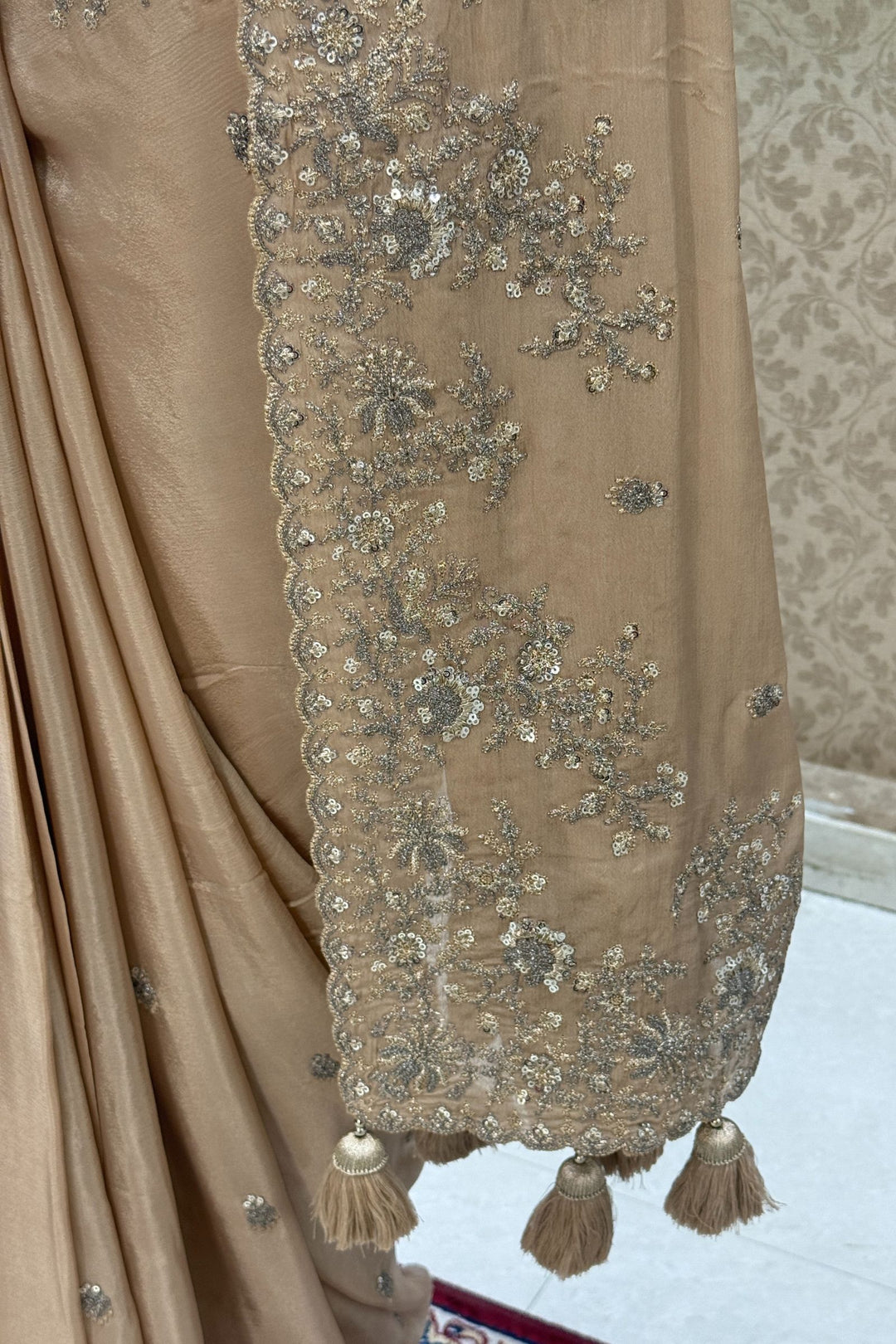 Beige Zari and Sequins work Saree