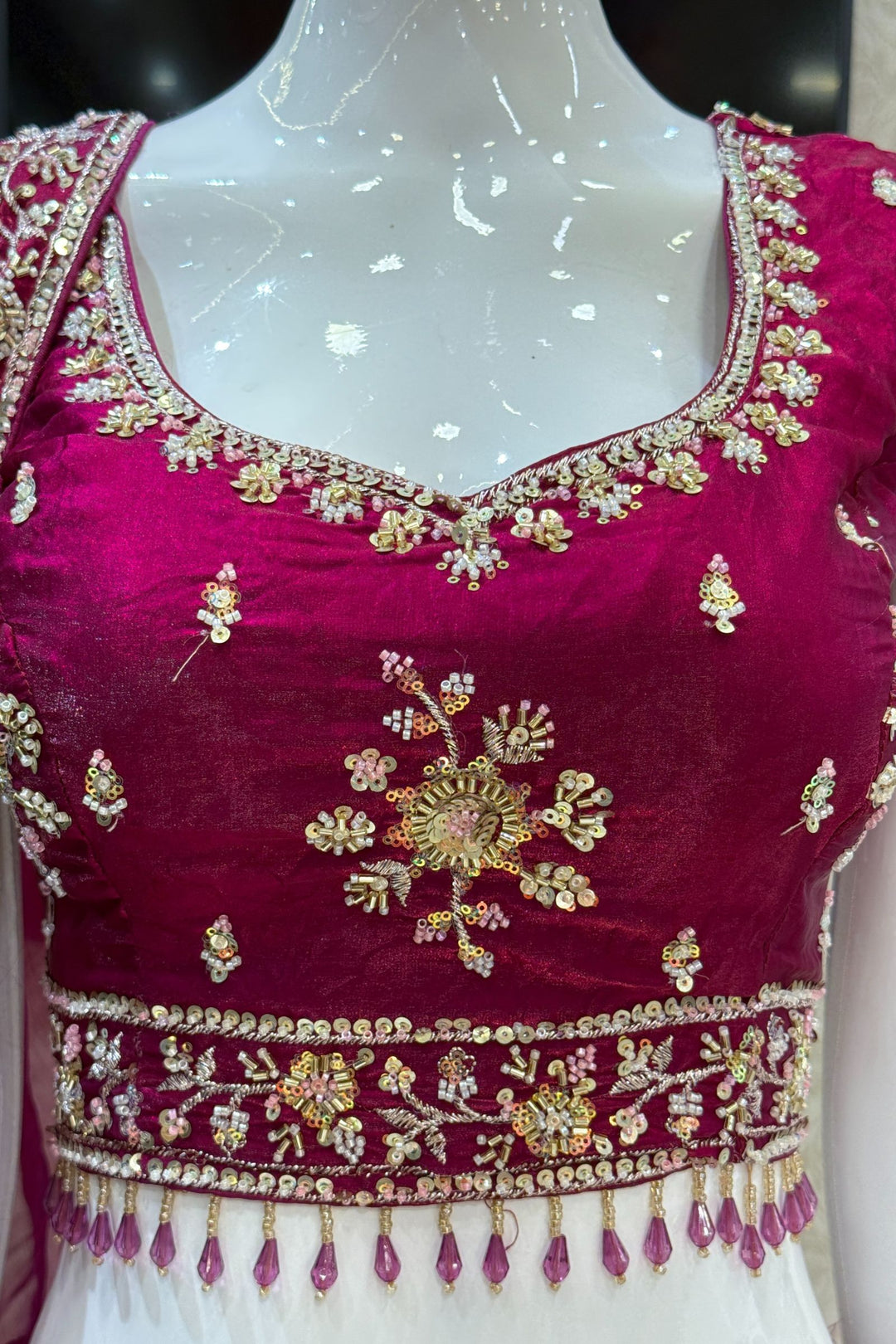 Magenta Beads, Zari and Sequins work Crop Top Bridal Lehenga